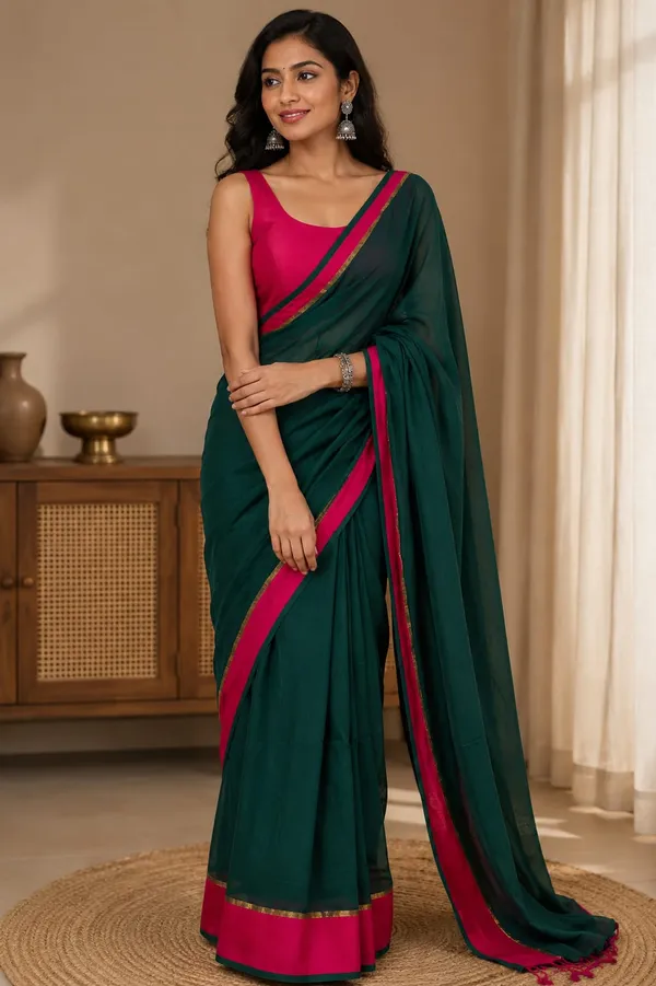 Dark_Green_with_Pink_Border_Mul_Saree_for_Women