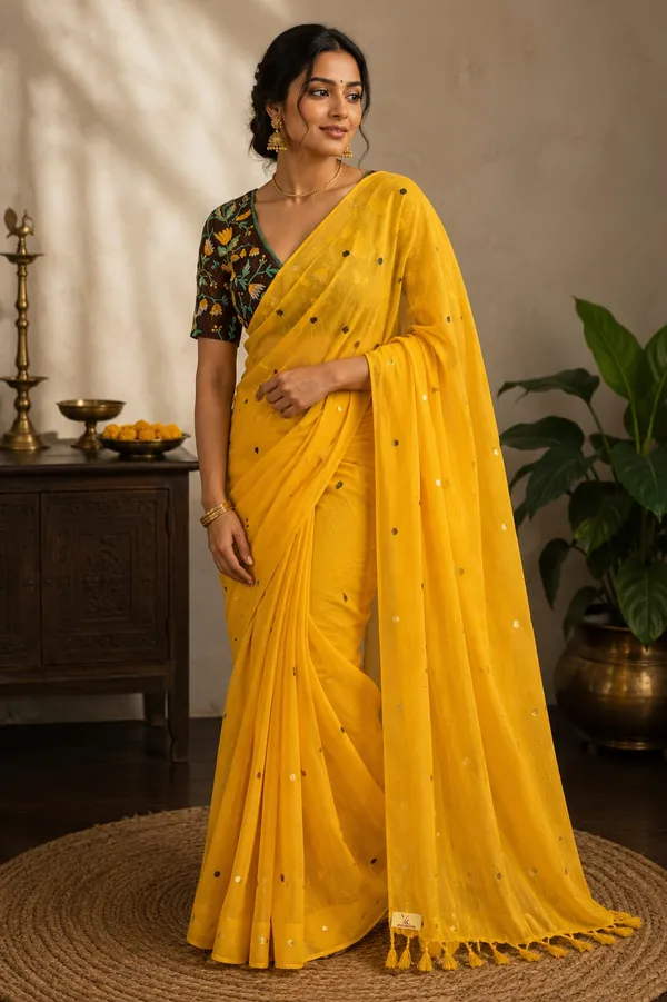 Yellow_Gini_Sequins_Mul_Saree