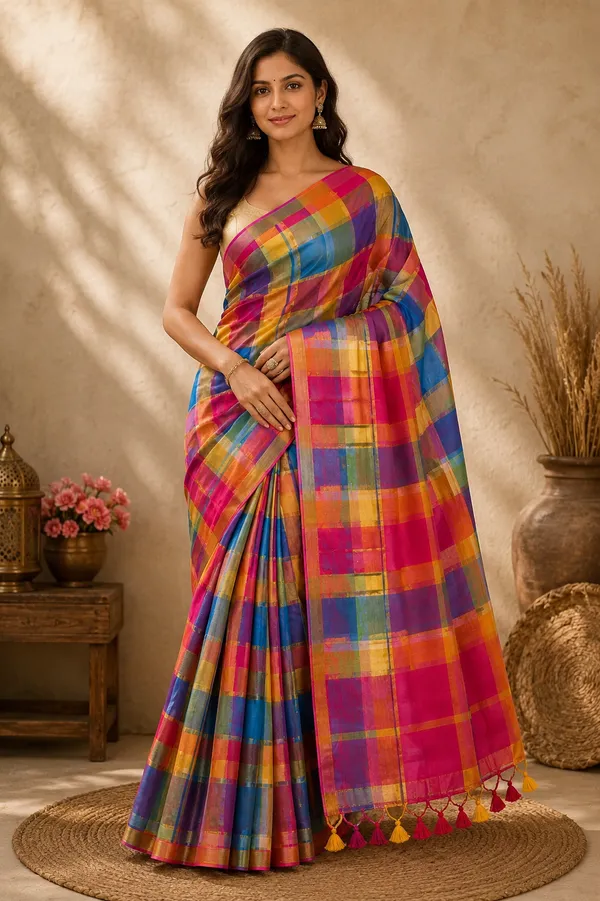 Blue_Orange_Checks_Mul_Saree