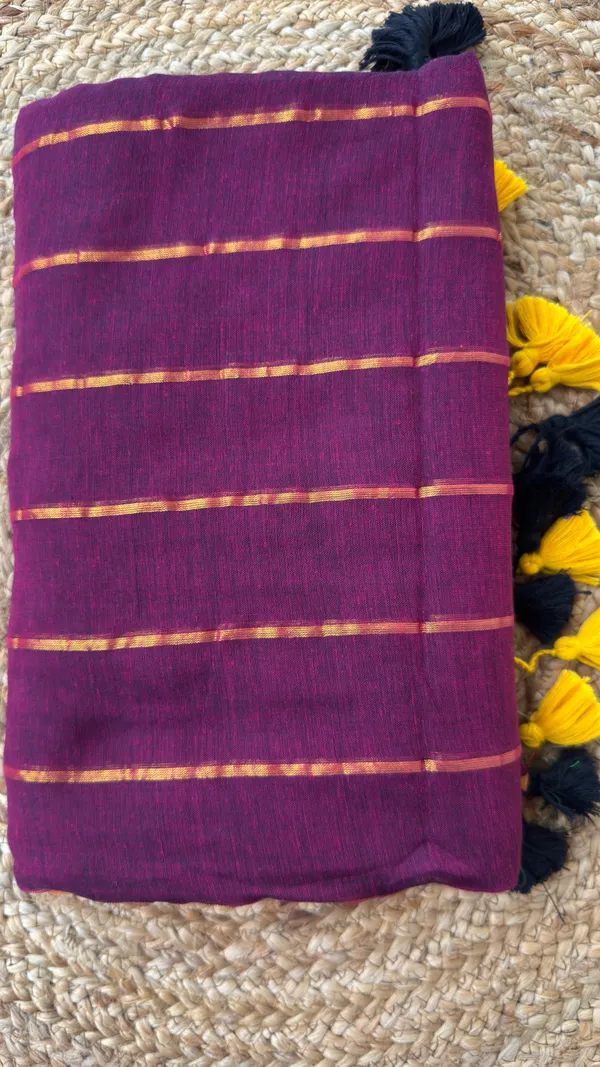 Wine_and_Yellow_Zari_lines_Half_and_Half_pattern_Mul_Saree