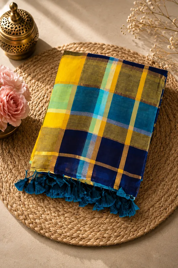 Blue_Yellow_checks_pattern_Mul_Saree