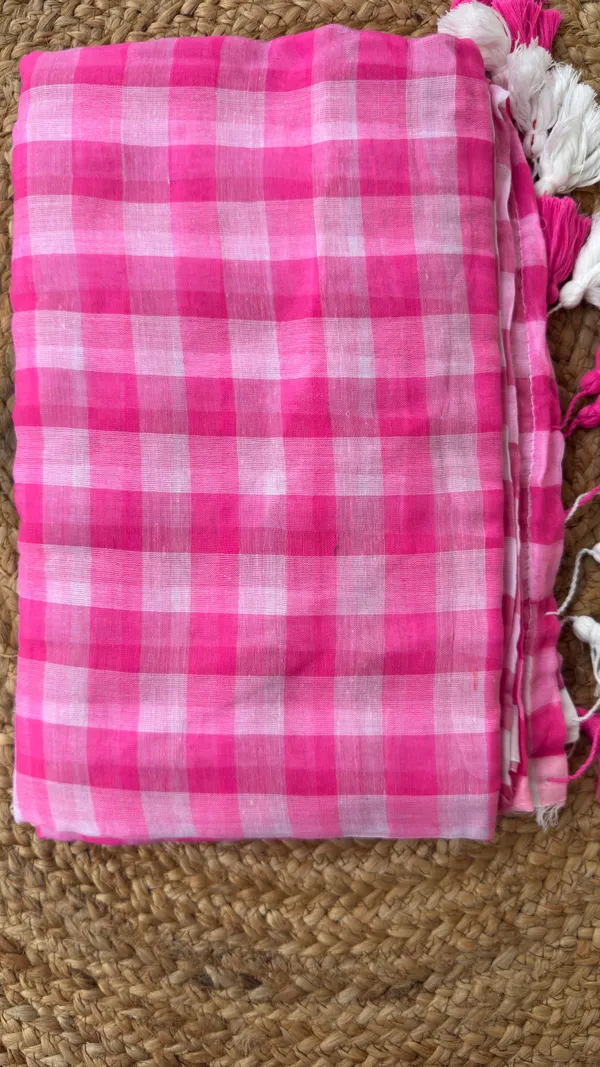 Baby_Pink_White_Checks_Mul_Saree_for_Women
