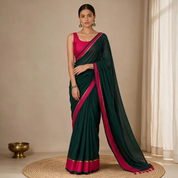Dark_Green_With_Pink_Border_Mul_Saree_For_Women
