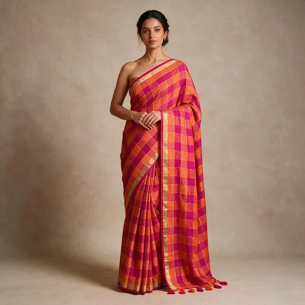 Orange_And_Pink_Zari_Checks_Mul_Saree