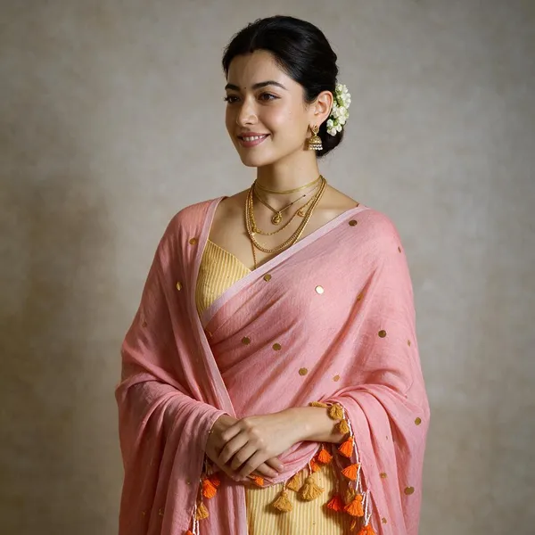 Peach_Rashmika_Inspired_Gini_Sequins_Mul_Saree