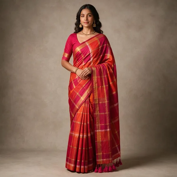 Pink_And_Orange_Checks_Mul_Saree