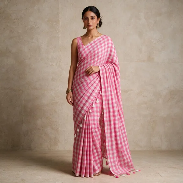 Baby_Pink_White_Checks_Mul_Saree_For_Women