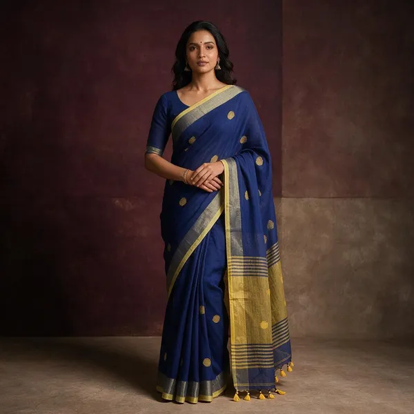 Blue_Linen_Khadi_Ball_Saree_For_Women