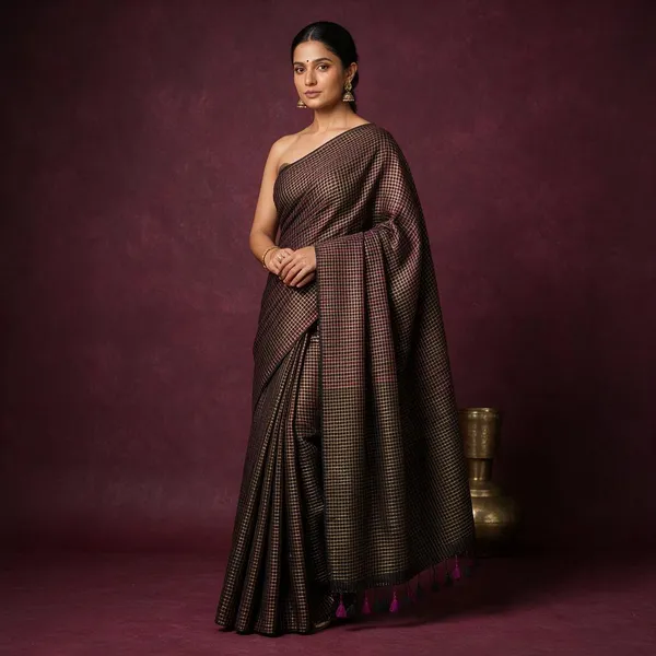 Black_With_Magenta_Small_Zari_Checks_Mul_Saree_For_Women