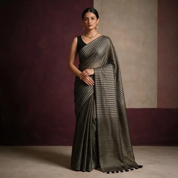 Black_With_Grey_Small_Zari_Checked_Pattern_Mul_Saree_For_Women