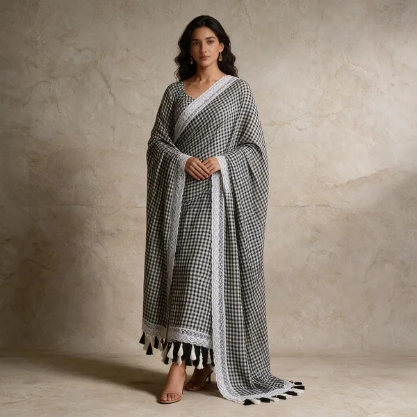 Black_And_White_Checks_With_Lace_Mul_Saree