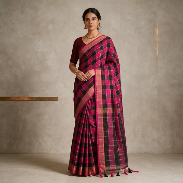 Black_And_Pink_Checks_With_Nakshi_Border_Mul_Saree