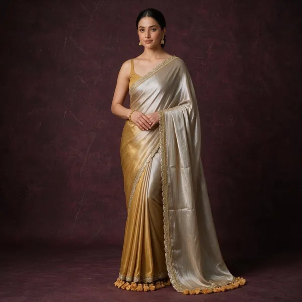 Raga_Gold_Color_With_Gold_Lace_And_Big_Tassels_Mul_Tissue_Saree