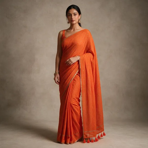 Orange_Gold_Polka_Mul_Saree_For_Women