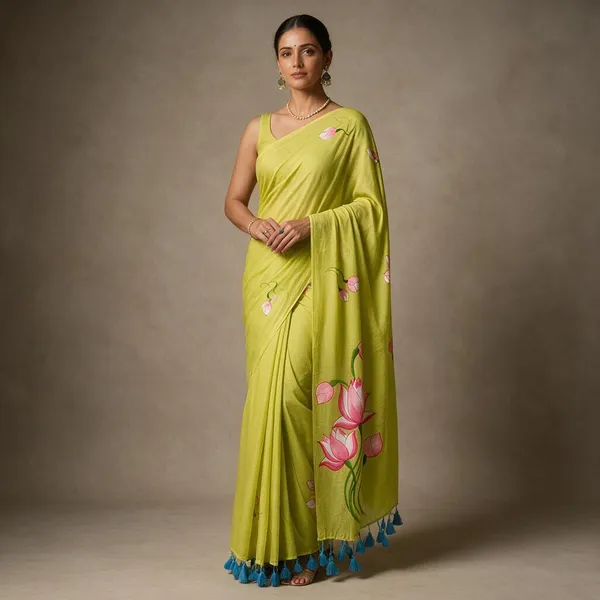 Neon_Green_Lotus_Handpainted_Mul_Saree