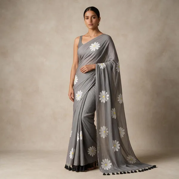 Grey_Handpainted_Mul_Saree_For_Women