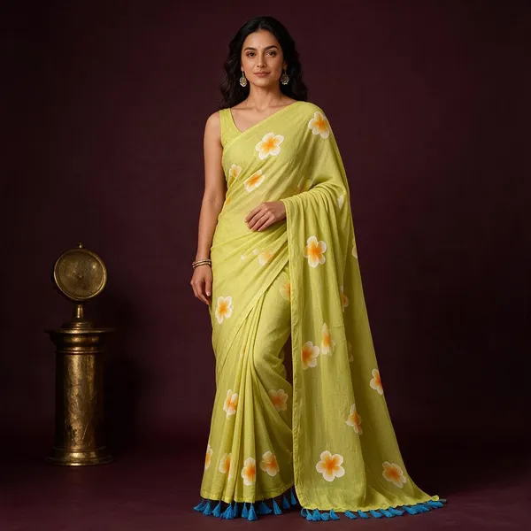Neon_Green_Flower_Handpainted_Mul_Saree