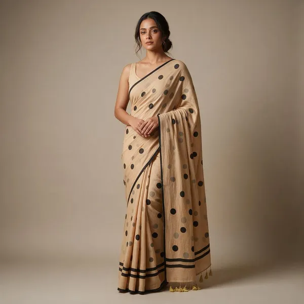Beige_Color_Big_Polka_Dots_Mul_Saree_For_Women