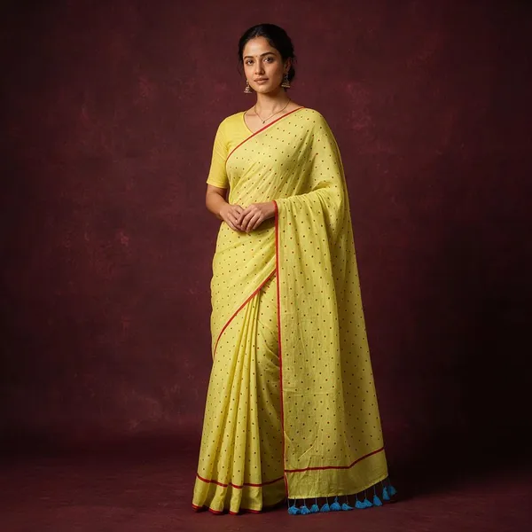 Neon_Green_Polka_Dot_Mul_Saree_With_Blue_Tassels_For_Women