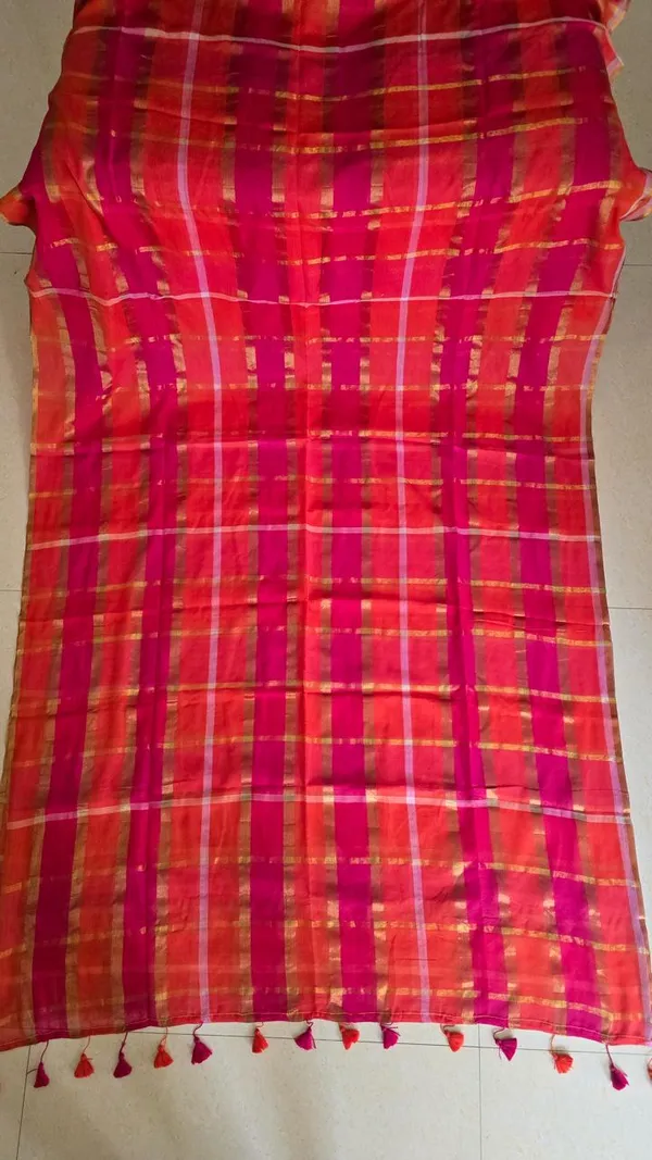 Pink_And_Orange_Checks_Mul_Saree