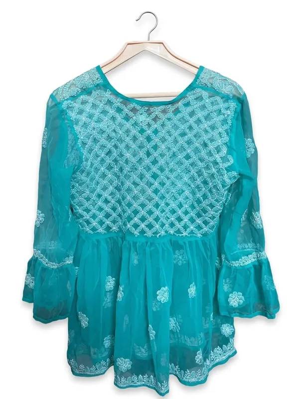 Turquoise_Embroidered_Flared_Sleeve_Kurti_For_Women