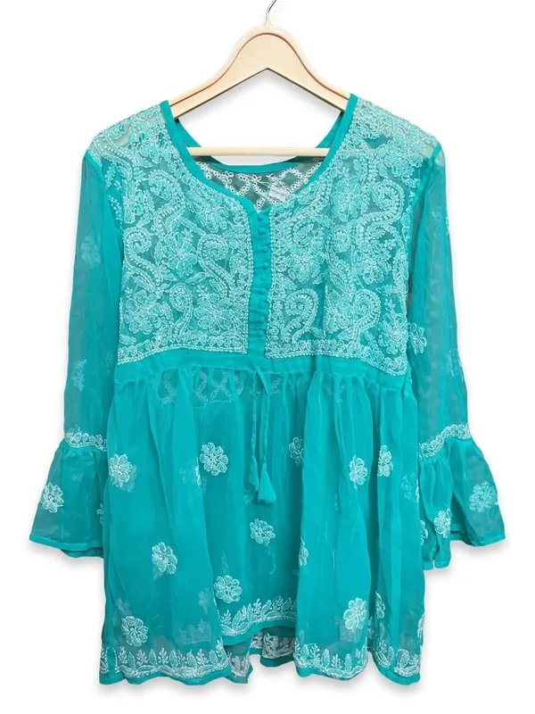 Turquoise_Embroidered_Flared_Sleeve_Kurti_For_Women