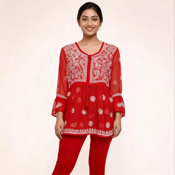 Red_Net_Flared_Embroidered_Kurti_For_Women