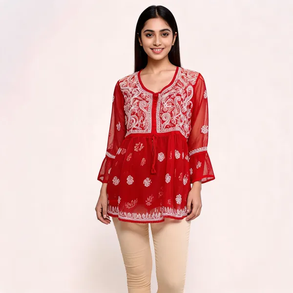 Red_Net_Flared_Embroidered_Kurti_For_Women
