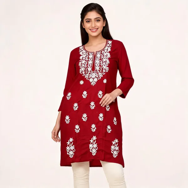Maroon_Rayon_Straight_Embroidered_Kurta_For_Women