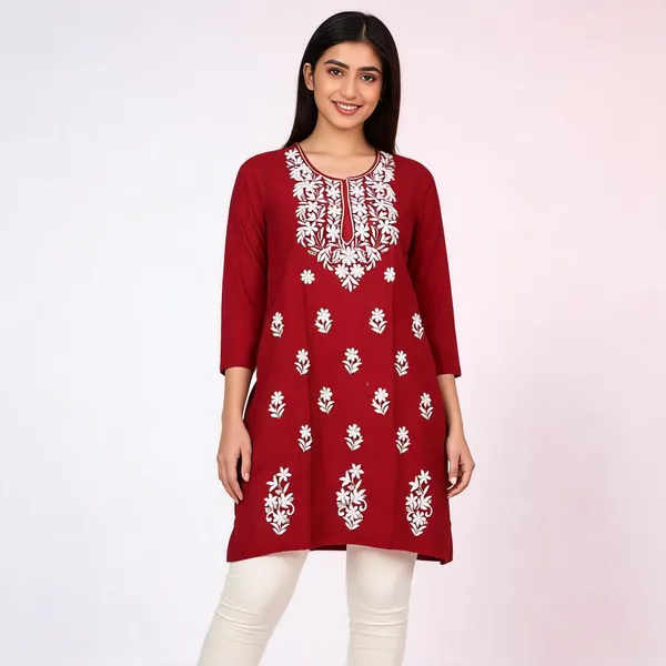 Maroon_Rayon_Straight_Embroidered_Kurta_For_Women