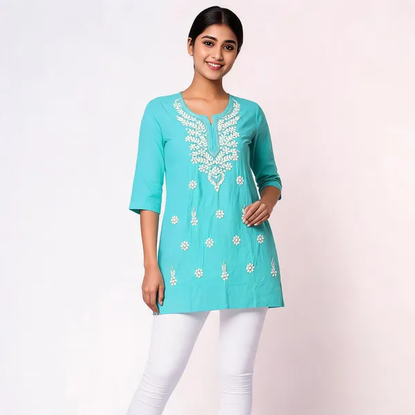 Turquoise_Floral_Embroidered_Short_Kurti_For_Women