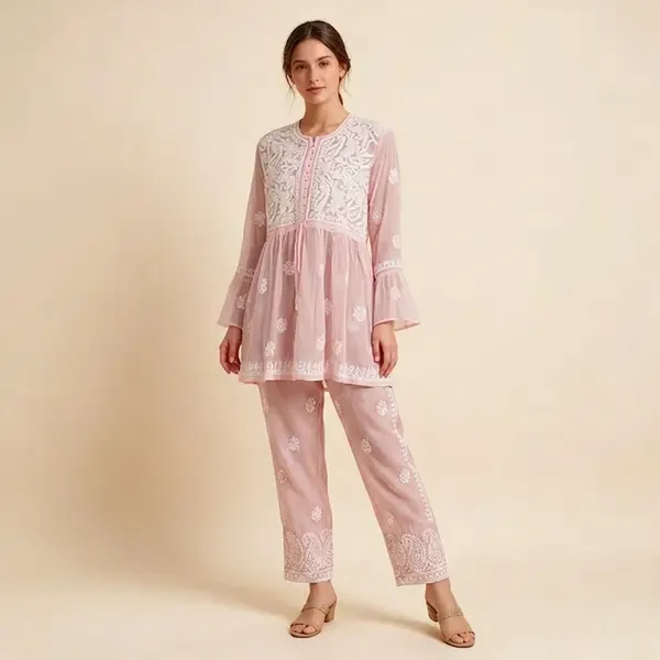 Pink_Net_Flared_Short_Kurti_For_Women