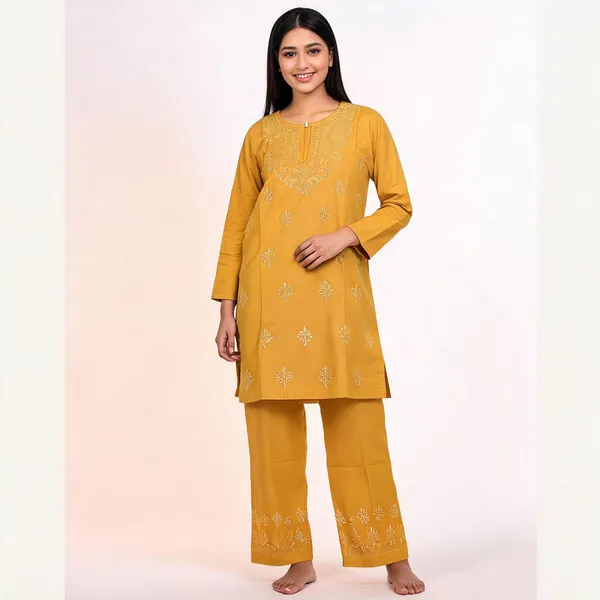 Mustard_Cotton_Embroidered_Kurta_Pant_Set_For_Women