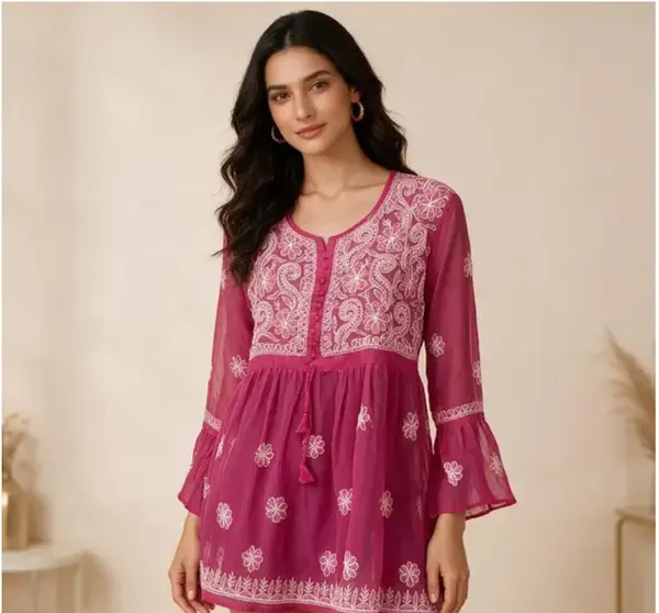 Magenta_Sheer_Embroidered_Short_Kurti_For_Women