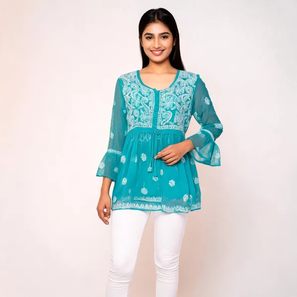 Turquoise_Georgette_Flared_Sleeve_Embroidered_Kurti_For_Women