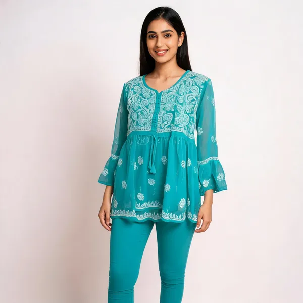 Turquoise_Georgette_Flared_Sleeve_Embroidered_Kurti_For_Women