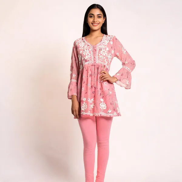 Pink_Floral_Embroidered_Short_Kurti_For_Women