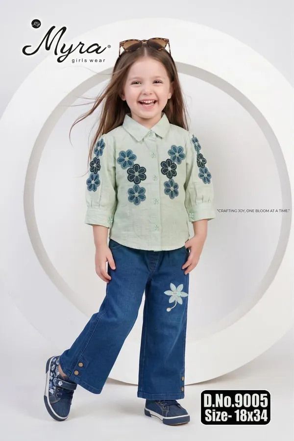 Mint_Green_Floral_Shirt_And_Blue_Wide_Leg_Jeans_Set_For_Girls