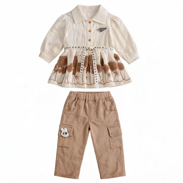 Cream_Printed_Top_And_Beige_Cargo_Pants_Set_For_Girls