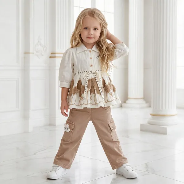 Cream_Printed_Top_And_Beige_Cargo_Pants_Set_For_Girls