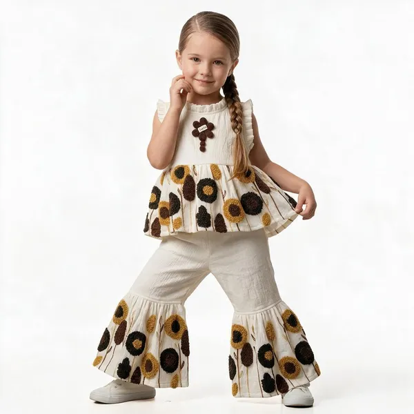 White_Floral_Print_Flared_Top_And_Pants_Set_for_Girls