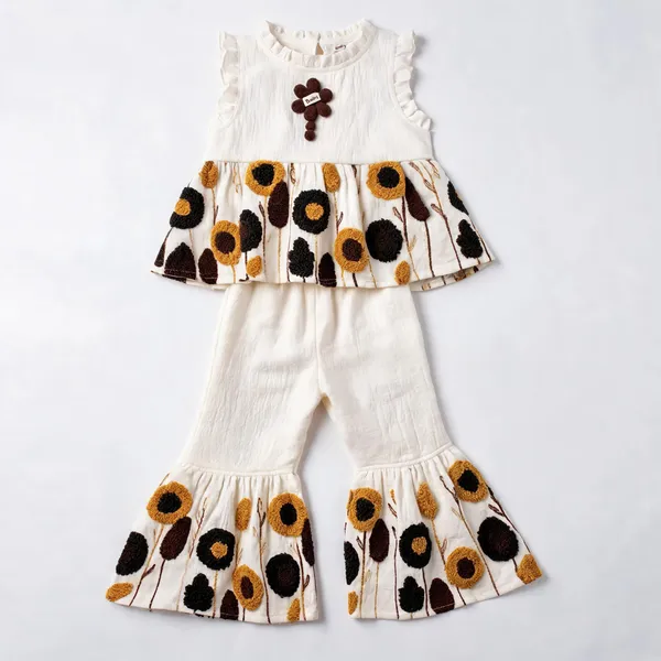 White_Floral_Print_Flared_Top_And_Pants_Set_for_Girls