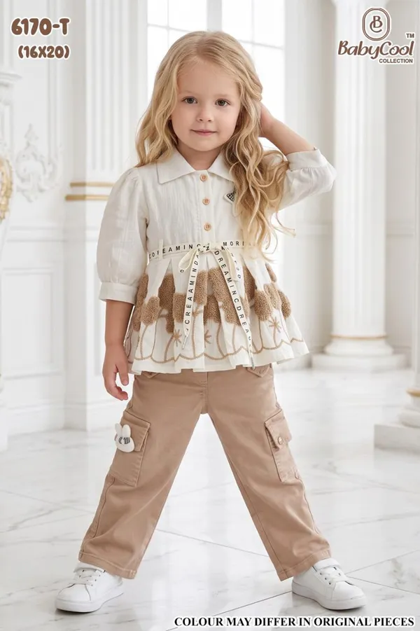 Cream_Printed_Top_And_Beige_Cargo_Pants_Set_For_Girls