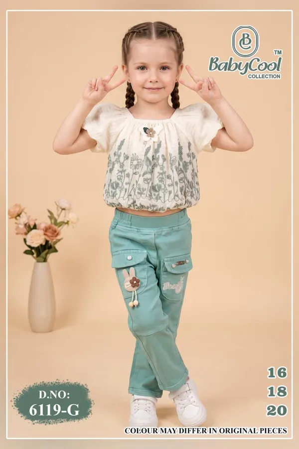 White_Floral_Print_Top_And_Green_Pants_Set_for_Girls