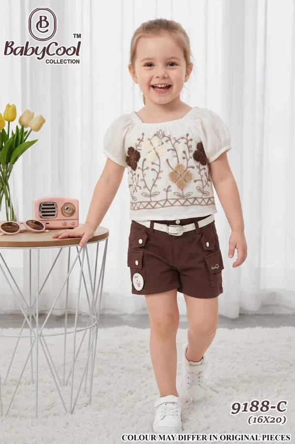 Cream_Embroidered_Top_And_Brown_Shorts_Set_For_Girls
