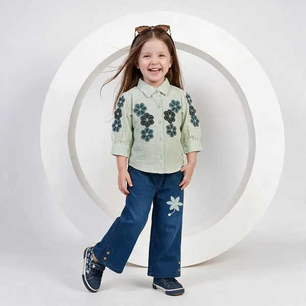 Mint_Green_Floral_Shirt_And_Blue_Wide_Leg_Jeans_Set_For_Girls