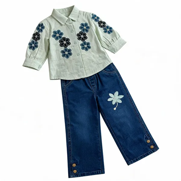 Mint_Green_Floral_Shirt_And_Blue_Wide_Leg_Jeans_Set_For_Girls