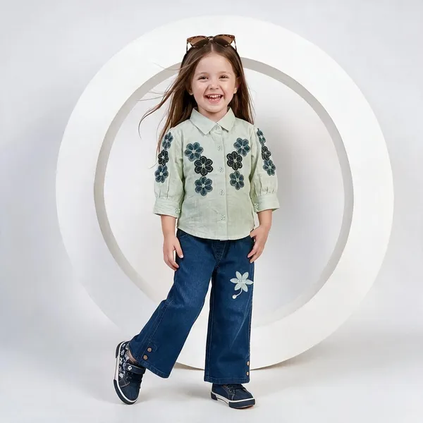 Mint_Green_Floral_Shirt_And_Blue_Wide_Leg_Jeans_Set_For_Girls