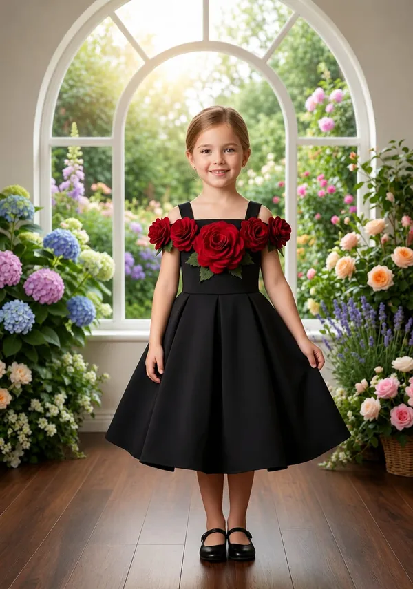 Black_A-Line_Floral_Applique_Dress_for_Girls