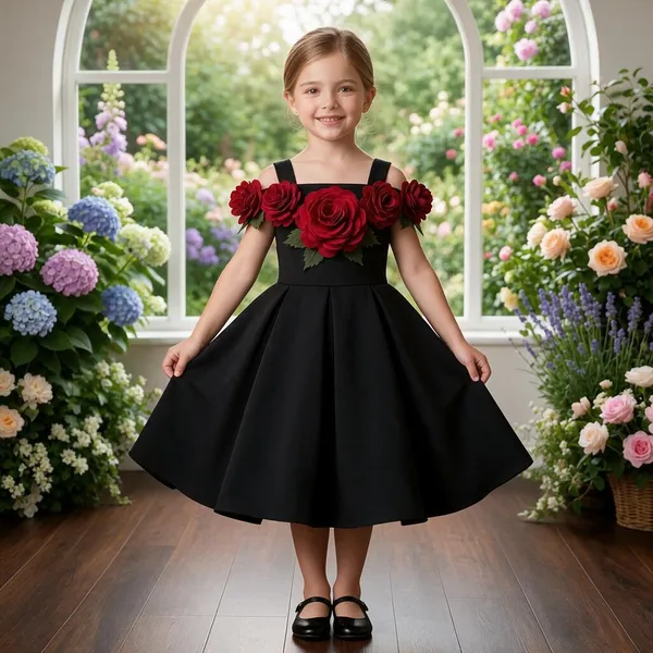 Black_A-Line_Floral_Applique_Dress_for_Girls